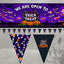 Halloween-themed flag banner set featuring a large rectangular top banner with 'We Are Open To Trick or Treat' text, pumpkins, bats, ghosts, and a witch, plus three hanging triangular pennant flags below on a gray spooky background.