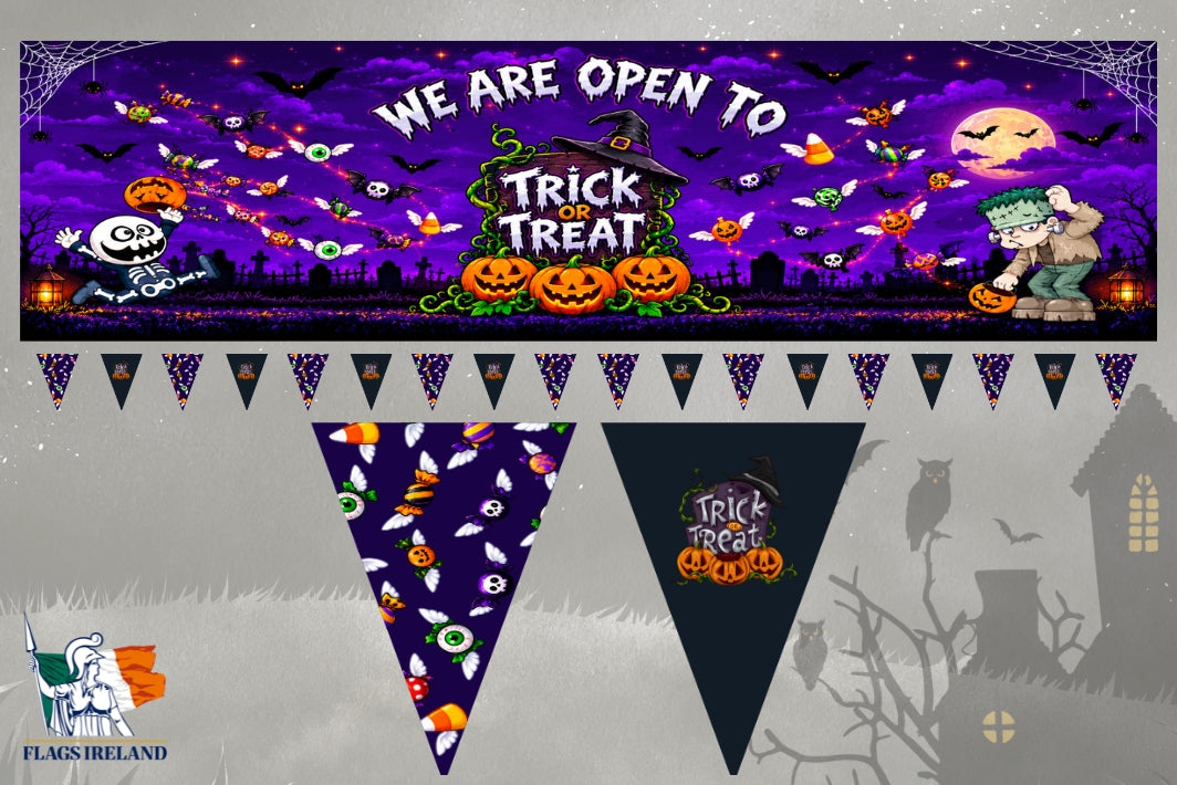 Halloween-themed flag banner set featuring a large rectangular top banner with 'We Are Open To Trick or Treat' text, pumpkins, bats, ghosts, and a witch, plus three hanging triangular pennant flags below on a gray spooky background.