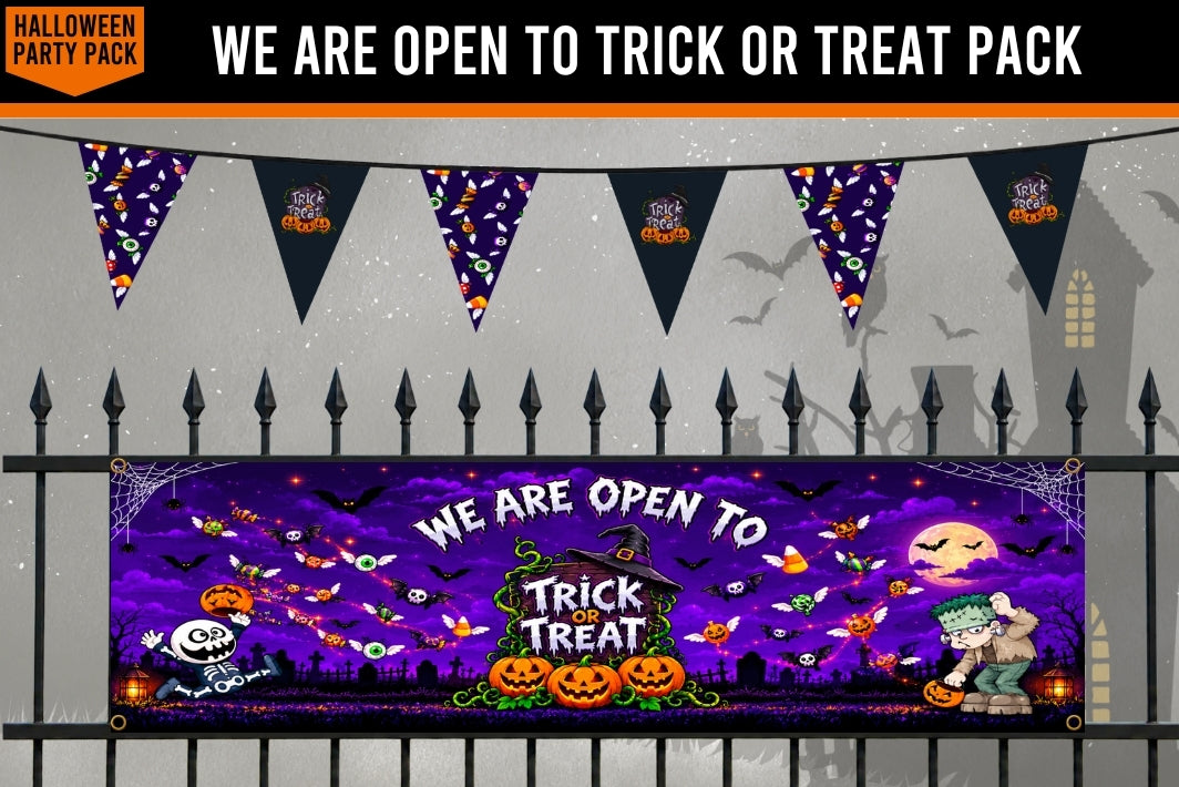 Halloween banner set displayed on a black metal fence against a gray background. The set includes a large rectangular banner reading 'WE ARE OPEN TO TRICK OR TREAT PACK' with a purple spooky scene, and triangular pennant banners hanging above.