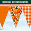 Autumn-themed bunting banner with three triangular flags: solid orange, pumpkin and leaf print, and orange gingham, under a dark green header reading 'WELCOME AUTUMN BUNTING' with the Flags Ireland logo at bottom left.