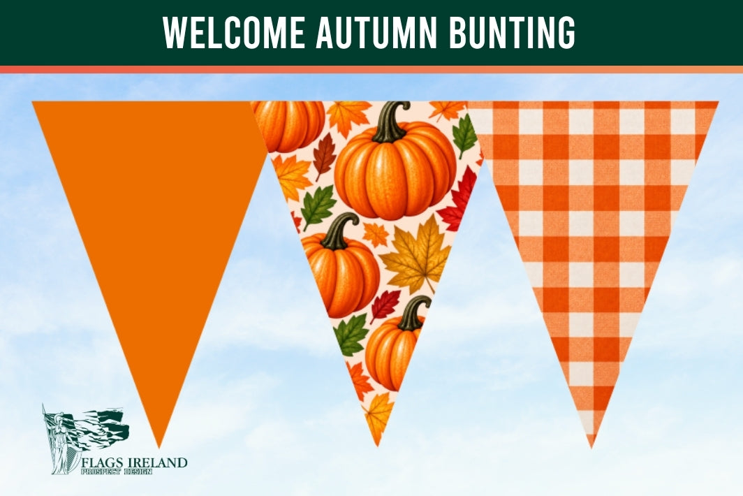 Autumn-themed bunting banner with three triangular flags: solid orange, pumpkin and leaf print, and orange gingham, under a dark green header reading 'WELCOME AUTUMN BUNTING' with the Flags Ireland logo at bottom left.