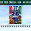 Bunting banner for World Cup 2026 in Canada, USA, and Mexico with a blue sky background.