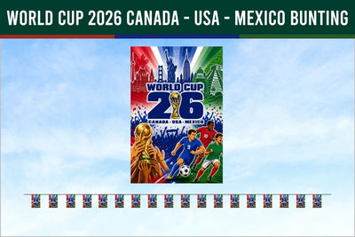 Bunting banner for World Cup 2026 in Canada, USA, and Mexico with a blue sky background.