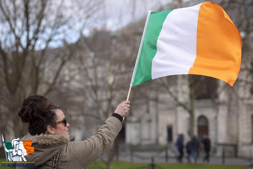 A woman in a brown jacket holds up a small Irish flag with green, white, and orange vertical stripes, with a blurred stone building and bare trees in the background.