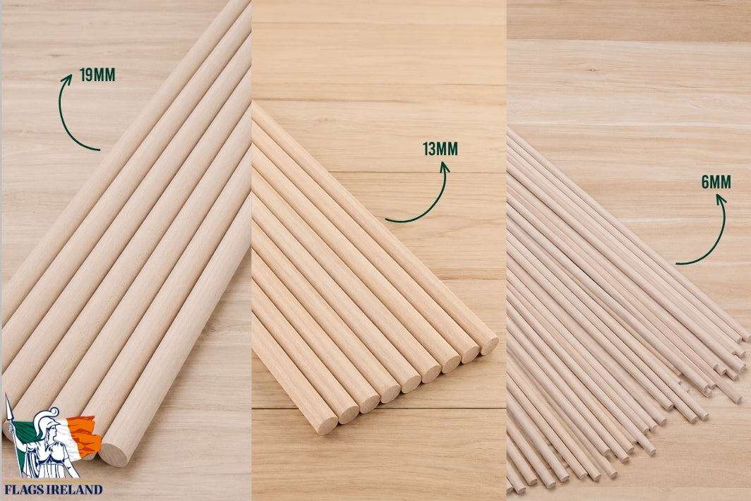 Three panels show natural wood flagpole rods on a light wood background, labeled 19MM, 13MM, and 6MM, with a Flags Ireland logo in the lower left corner.