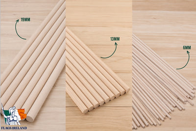 Three panels show natural wood flagpole rods on a light wood background, labeled 19MM, 13MM, and 6MM, with a Flags Ireland logo in the lower left corner.