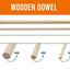 Three natural wooden dowels displayed on a white background with an orange header reading 'WOODEN DOWEL'. Below, three dowel diameters are shown with labels: 19MM, 13MM, and 6MM, plus a small 'FLAGS IRELAND' logo in the lower left.