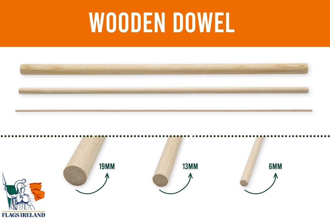 Three natural wooden dowels displayed on a white background with an orange header reading 'WOODEN DOWEL'. Below, three dowel diameters are shown with labels: 19MM, 13MM, and 6MM, plus a small 'FLAGS IRELAND' logo in the lower left.