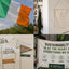 A four-panel collage showing different textile and flag products: an Irish flag being held outdoors, a cream wall hanging with the words 'STAY WILD MOON CHILD,' several small school-themed pennants, and a large sustainability banner being held by people outdoors.