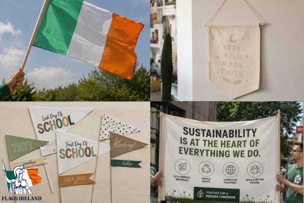 A four-panel collage showing different textile and flag products: an Irish flag being held outdoors, a cream wall hanging with the words 'STAY WILD MOON CHILD,' several small school-themed pennants, and a large sustainability banner being held by people outdoors.