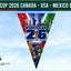 World Cup 2026 bunting flag with Canada, USA, and Mexico designs on a blue sky background.
