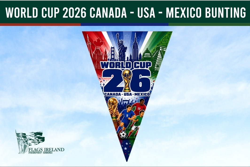 World Cup 2026 bunting flag with Canada, USA, and Mexico designs on a blue sky background.