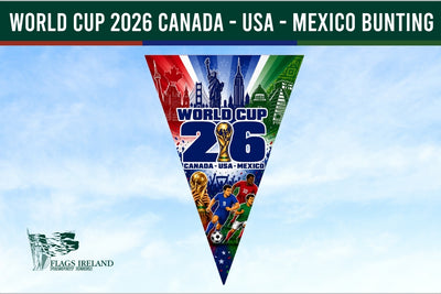 World Cup 2026 bunting flag with Canada, USA, and Mexico designs on a blue sky background.