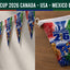 World Cup 2026 bunting flags with colorful design on a wooden surface.