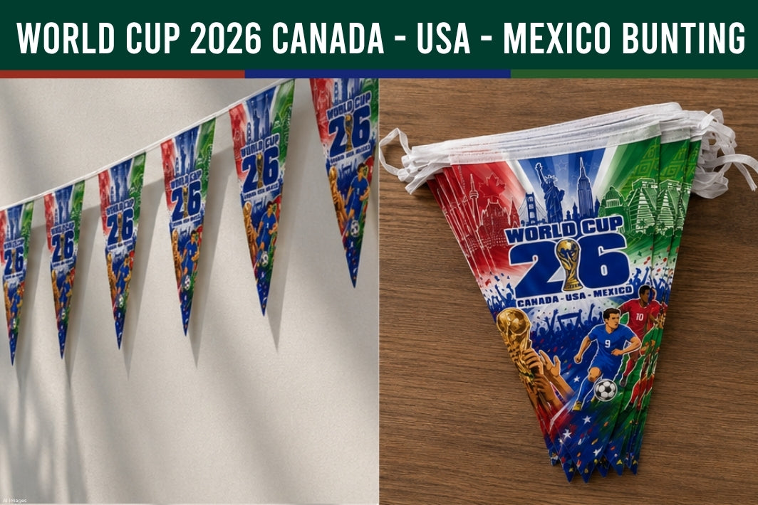 World Cup 2026 bunting flags with colorful design on a wooden surface.