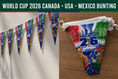 World Cup 2026 bunting flags with colorful design on a wooden surface.
