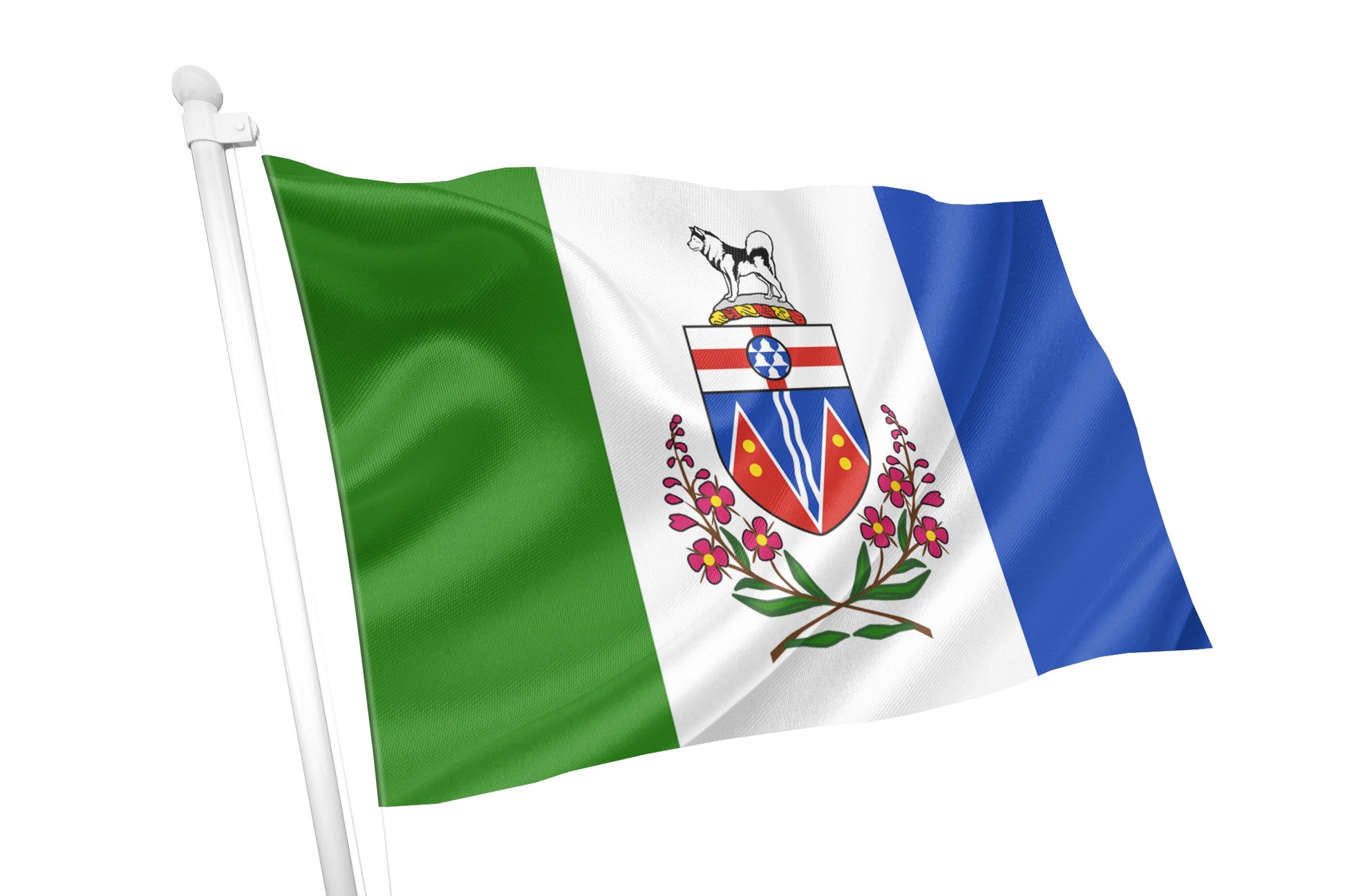 Yukon flag, green, white, and blue vertical tricolor featuring the territorial coat of arms.