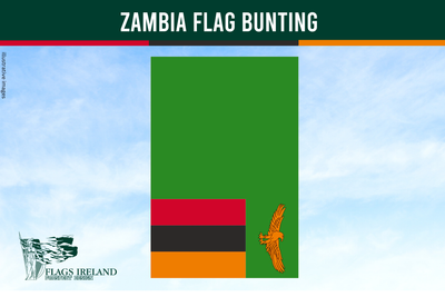 Zambia flag bunting with a green background and eagle emblem, against a blue sky.