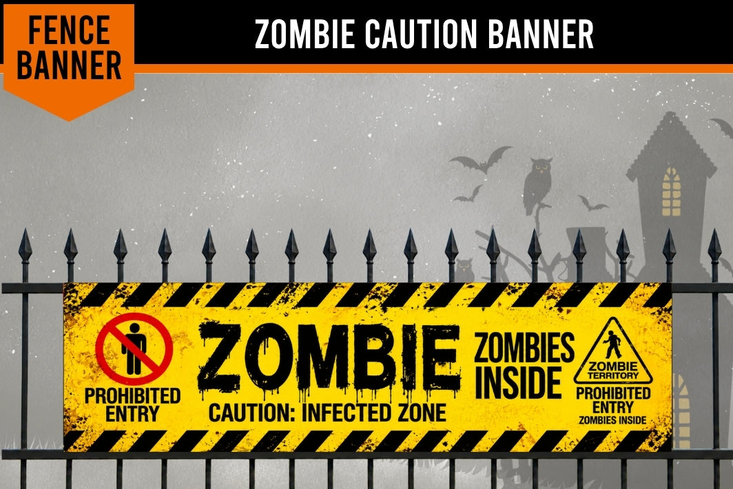 A Halloween-themed zombie caution banner displayed on a black metal fence against a spooky gray background with a haunted house silhouette. The banner features a yellow and black striped hazard pattern with distressed black text reading 'ZOMBIE CAUTION BANNER', 'PROHIBITED ENTRY', 'ZOMBIE INSIDE', and 'CAUTION: INFECTED ZONE'.