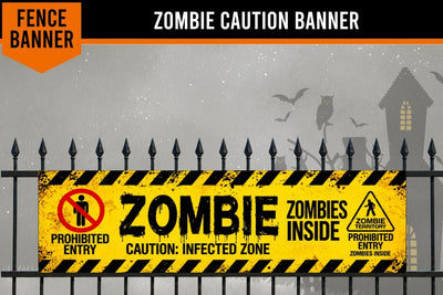 A Halloween-themed zombie caution banner displayed on a black metal fence against a spooky gray background with a haunted house silhouette. The banner features a yellow and black striped hazard pattern with distressed black text reading 'ZOMBIE CAUTION BANNER', 'PROHIBITED ENTRY', 'ZOMBIE INSIDE', and 'CAUTION: INFECTED ZONE'.