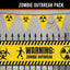 Zombie outbreak themed party decoration set featuring a large yellow warning banner with black biohazard and radiation symbols, black fence posts, and yellow triangular bunting flags with radiation icons. The banner reads 'WARNING: ZOMBIE OUTBREAK'.