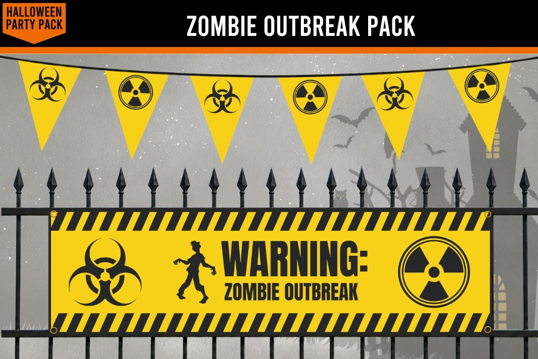 Zombie outbreak themed party decoration set featuring a large yellow warning banner with black biohazard and radiation symbols, black fence posts, and yellow triangular bunting flags with radiation icons. The banner reads 'WARNING: ZOMBIE OUTBREAK'.