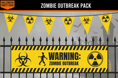 Zombie outbreak themed party decoration set featuring a large yellow warning banner with black biohazard and radiation symbols, black fence posts, and yellow triangular bunting flags with radiation icons. The banner reads 'WARNING: ZOMBIE OUTBREAK'.