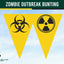 Yellow triangular bunting flags with black biohazard and radiation symbols, displayed against a light blue sky background with a dark green banner reading 'ZOMBIE OUTBREAK BUNTING' at the top.