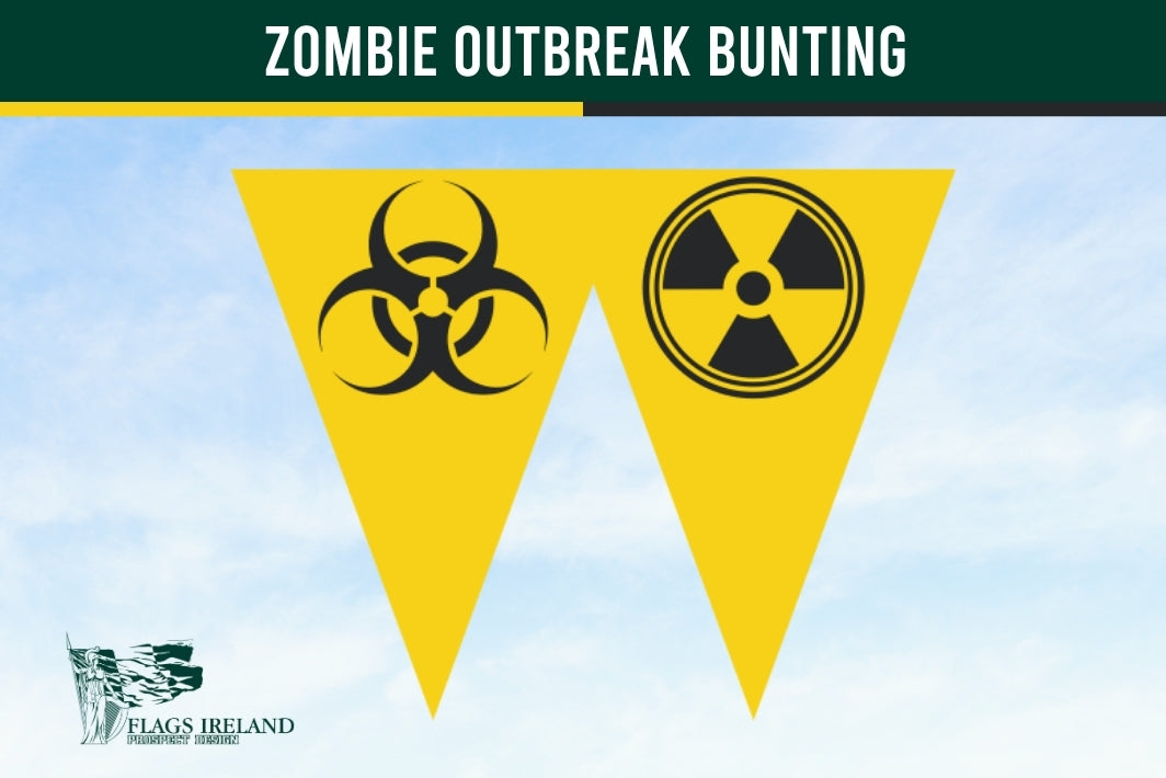 Yellow triangular bunting flags with black biohazard and radiation symbols, displayed against a light blue sky background with a dark green banner reading 'ZOMBIE OUTBREAK BUNTING' at the top.
